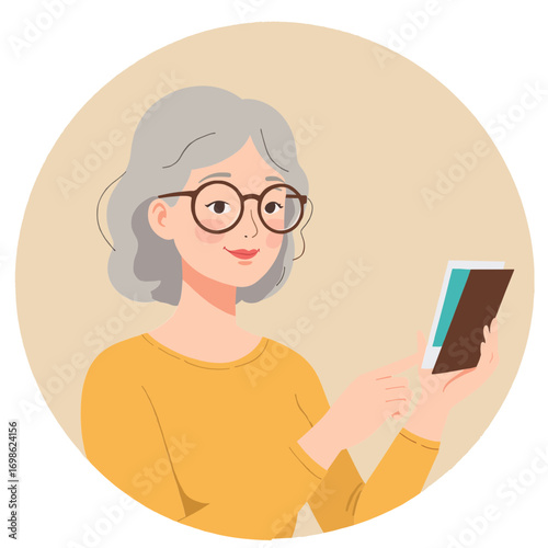 Senior woman holding photo. Elderly lady looking at old photograph. Older woman remembering past through picture. Retired woman cherishing family photo. Elderly set