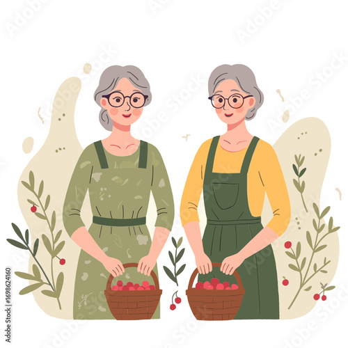 Senior women in garden. Elderly ladies enjoying flowers outdoors. Older women gardening together. Retired friends spending time in garden. Elderly set