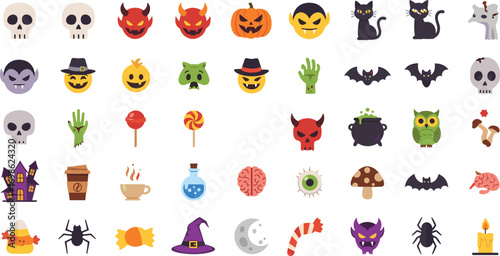 Colorful Halloween emojis set with skulls, devils, pumpkins, vampires, black cats, zombies, bats, witches, candy, brains, and spooky items