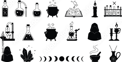 Witchcraft icons, magic potion bottles, bubbling cauldrons, spellbook, mystical candle, hooded figure, crystals, moon phases, magical artifacts, occult symbols