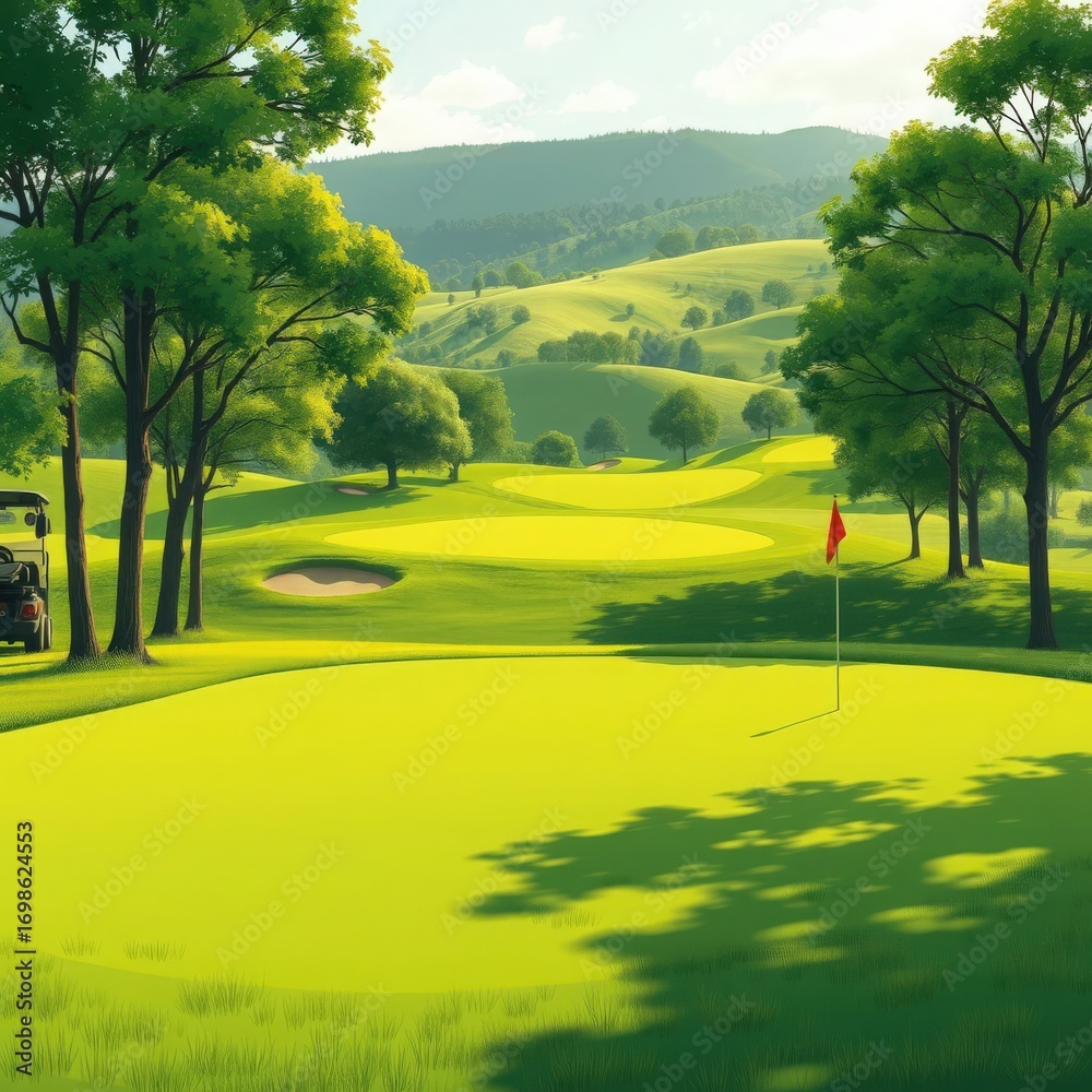 Obraz premium A serene illustration of a golf course surrounded by vibrant greenery and rolling hills under a sunny sky.