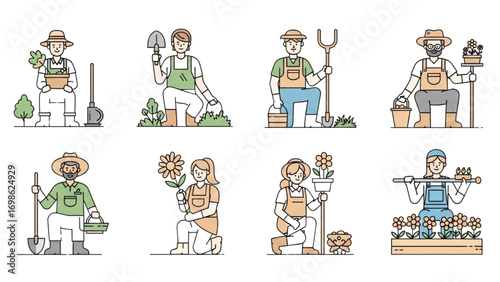 Country People Crouching Vector | Farmers Gardeners Florists Line Drawings