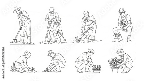 Country People Crouching Vector | Farmers Gardeners Florists Line Drawings