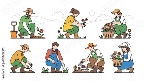 Country People Crouching Vector | Farmers Gardeners Florists Line Drawings