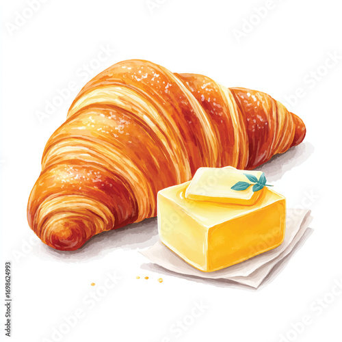 Golden Croissant with a Slice of Butter on a White Napkin.