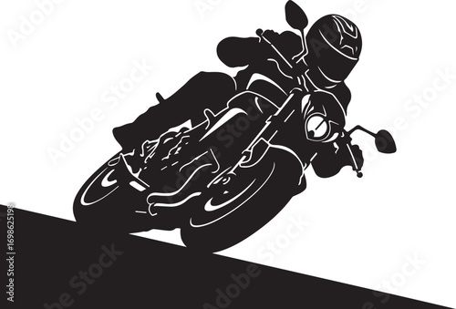 Black and white silhouette of a motorcycle rider leaning into a turn