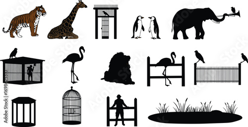 Zoo animals silhouettes with cages, tiger, giraffe, flamingo, lion, elephant, penguins, birds on fence, wildlife enclosure, nature habitat design