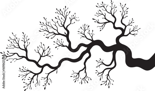 Black silhouette of a bare tree branch with small leaves