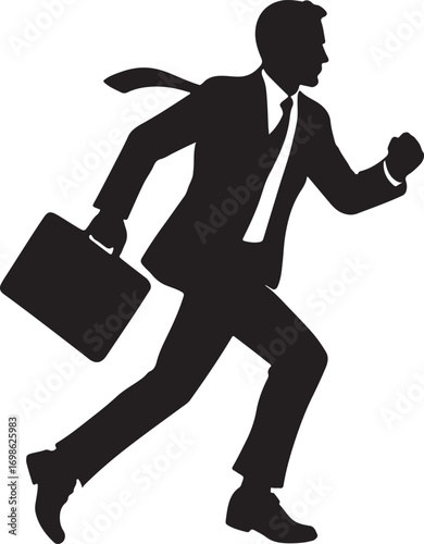 Black silhouette of a man in a suit running with a briefcase