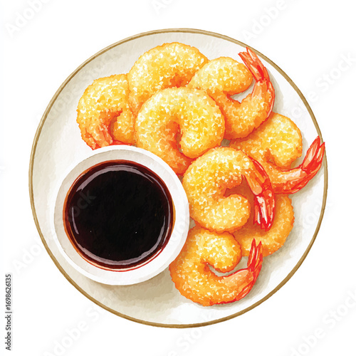Golden fried shrimp tempura served on a plate with dipping sauce.