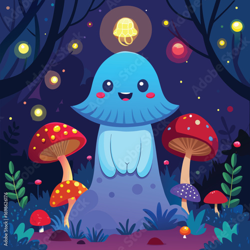 Enchanting twilight forest scene with whimsical trees magical creatures and glowing flora under a starry ethereal sky