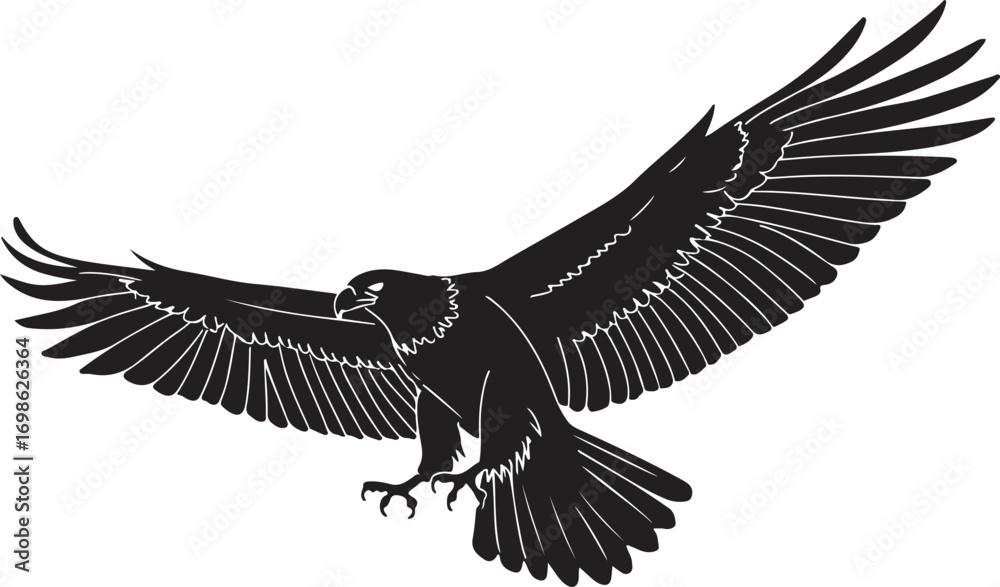 Obraz premium Black silhouette of a soaring eagle with wings spread wide