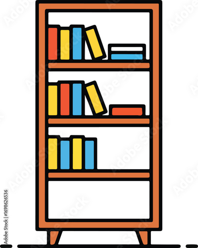 Cartoon Flat Bookshelf with Books Wooden Shelves Furniture Illustration