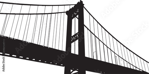 Black silhouette of a suspension bridge against white
