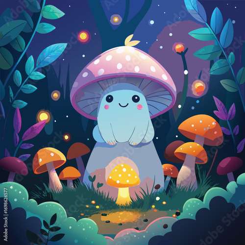 Enchanting and whimsical illustration of a cute glowing ghost character in a magical fantasy forest setting with vibrant colors and ethereal light effects
