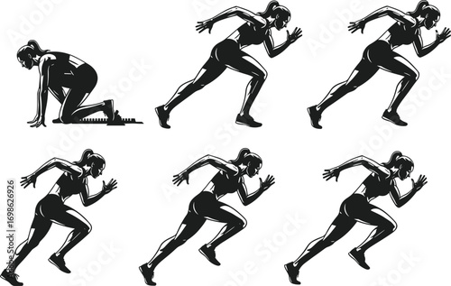 Female sprinter starting race sequence vector illustration showing dynamic running motion stages, athletic training, sports biomechanics, sprint start technique, fitness concept design