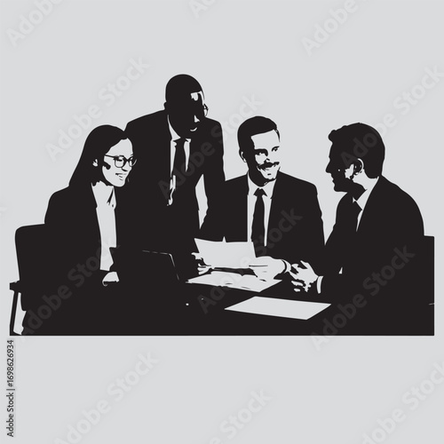 Four people in business attire gathered around a table