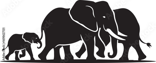 Two elephants walking side by side black silhouette