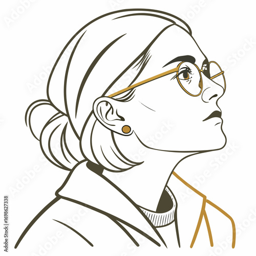 Elegant woman in glasses and bun looking up