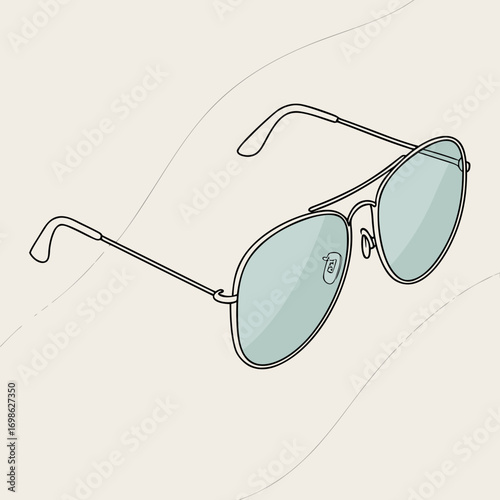 Illustration of aviator sunglasses with thin metal frames and light blue lenses