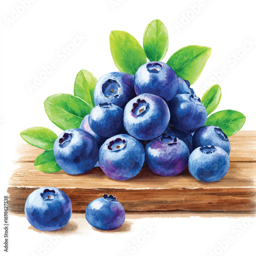 Fresh Blueberries Piled on a Wooden Surface with Green Leaves.