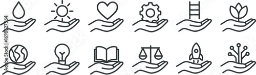 Hands Holding Sustainability & Innovation Icons – Line Art Vector Set for ESG, Education, Technology, and Social Impact