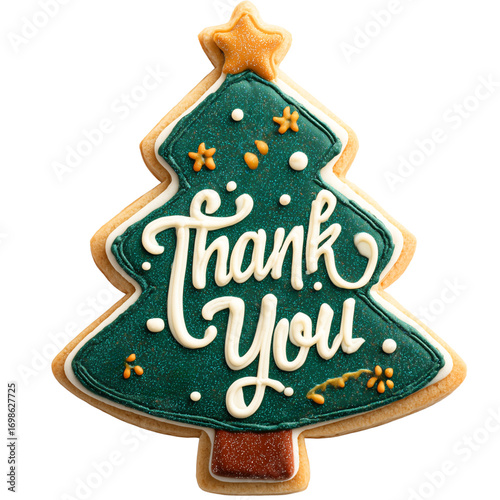 thank you text on emerald green christmas cookie background; farewell gift, going-out present,  xmas object isolated over white (transparent) background; flat lay