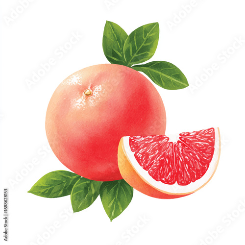Fresh Grapefruit and Slice with Green Leaves.