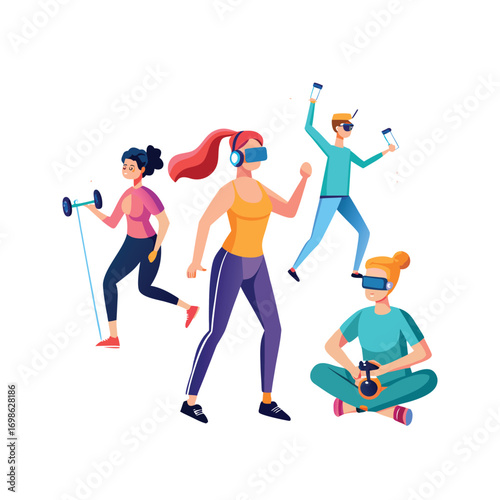 Diverse group of people actively engaged in virtual reality fitness exercises showcasing futuristic technology and healthy lifestyle choices in a dynamic digital environment