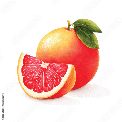 Fresh grapefruit with a slice showcasing vibrant red segments.