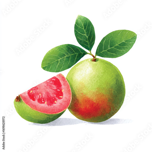 Fresh Guava Fruit with Vibrant Pink Flesh and Green Leaves.