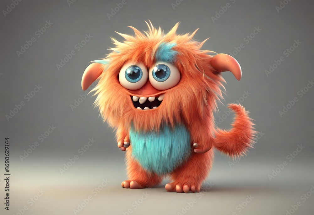 Obraz premium Shaggy Orange and Blue Hairy Monster with Cartoon Smile A scruffy orange furry monster with turquoise chest, big blue eyes, and a quirky playful expression.