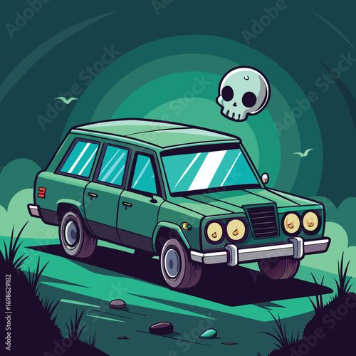 Retro dark green station wagon car illustration with a vintage aesthetic perfect for nostalgic automotive or travel designs