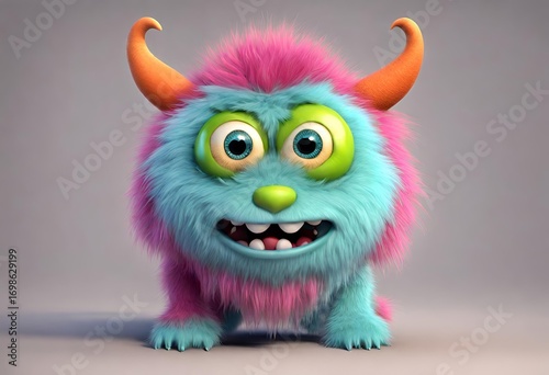 Whimsical Pink and Green Furry Monster with Cartoon Horns A fluffy pink and mint green monster with orange horns, goofy eyes, and a quirky grin.