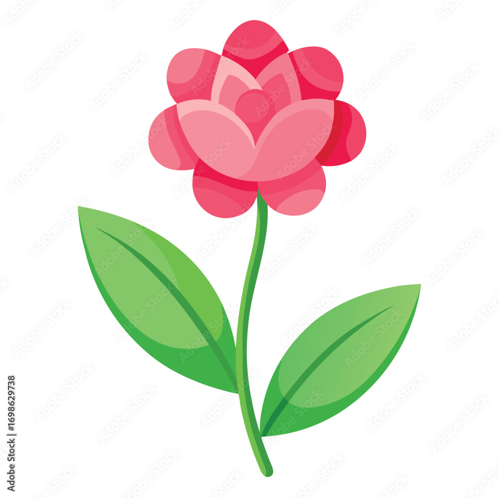 Fototapeta premium Charming flat cartoon illustration of a small pink flower with vibrant green leaves perfect for decorative floral designs and nature themed projects