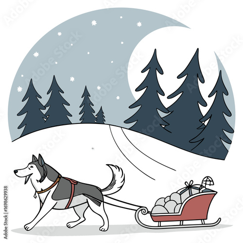 Scene of sled pulled by husky dog ​​in snowy landscape.