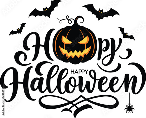 Happy Halloween greeting with spooky pumpkin face, flying bats, hanging spider, festive script text, Halloween decoration, spooky fall holiday