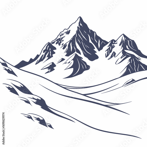 Minimalist landscape of snow-capped mountains isolated on white background.