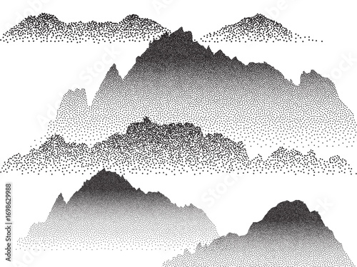 vector illustration of a mountain landscape. Pointillist grunge texture over abstract dotted mountain range. Vintage photocopy of snowy hills, grainy noise in mounted landscape. Retro halftone vector 