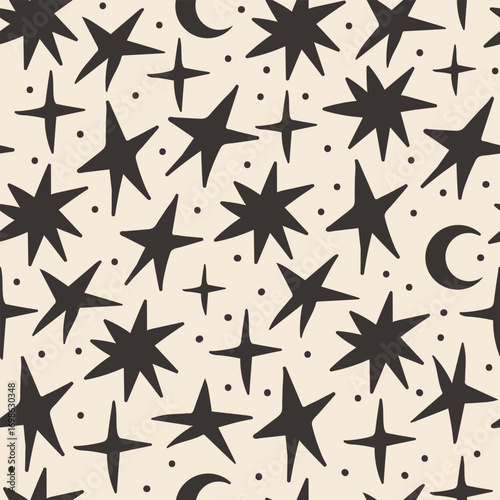 Seamless pattern with various black stars. Vector flat background