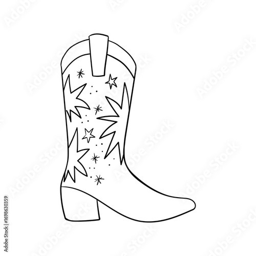 Cowboy boot outline illustration with stars. Vector black line art of western footwear. Vintage wild west style shoe drawing