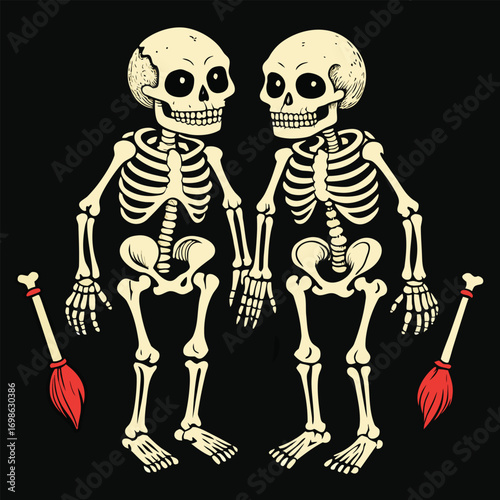 Two full bodied skeletons depicted in a striking graphic illustration stand side by side against a vibrant backdrop evoking themes of halloween and the macabre