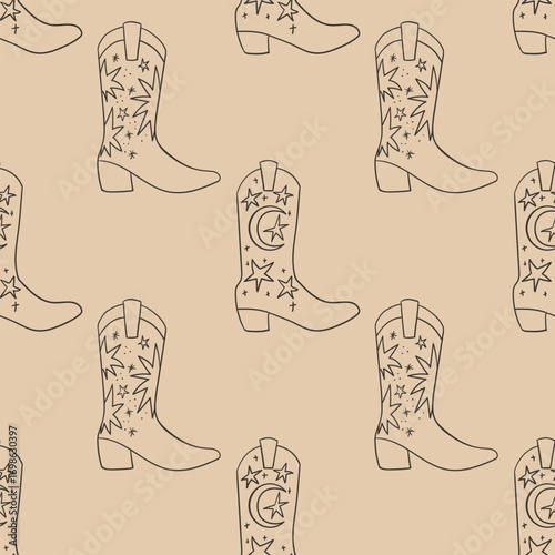 Seamless pattern with outline cowboy boots with stars and crescent. Hand drawn line vector background in minimalist boho style