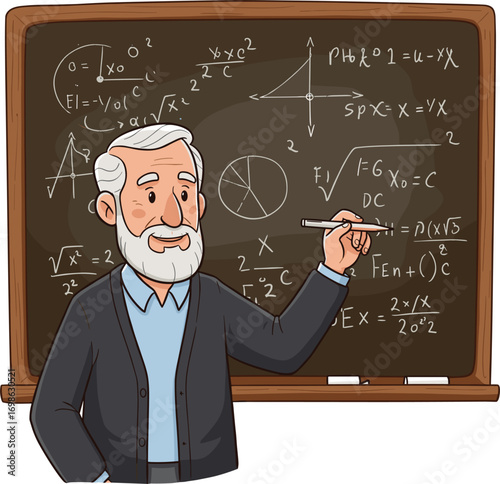 Elderly male teacher explaining math on chalkboard, cartoon professor character teaching science formulas with pointer in classroom.