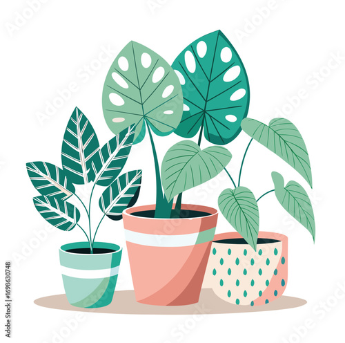 A visually appealing vector illustration featuring a trio of diverse potted plants arranged artfully on a clean background perfect for decorative purposes