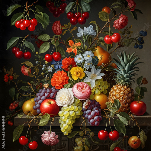 Still life with cherries, flowers, and fruits on a dark surface.