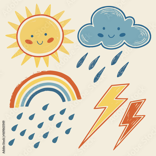 Collection of cute weather icons with sun and rainbow