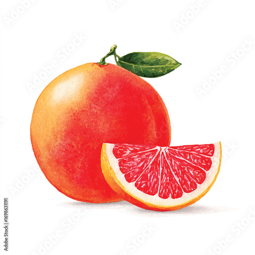 Grapefruit Still Life Whole Fruit and Slice Illustration.