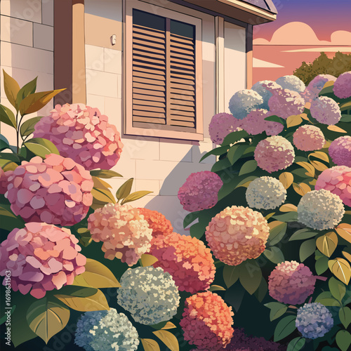 Colorful hydrangeas in bloom near a house at dusk flowers