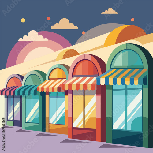 Colorful storefronts with awnings and abstract landscape
